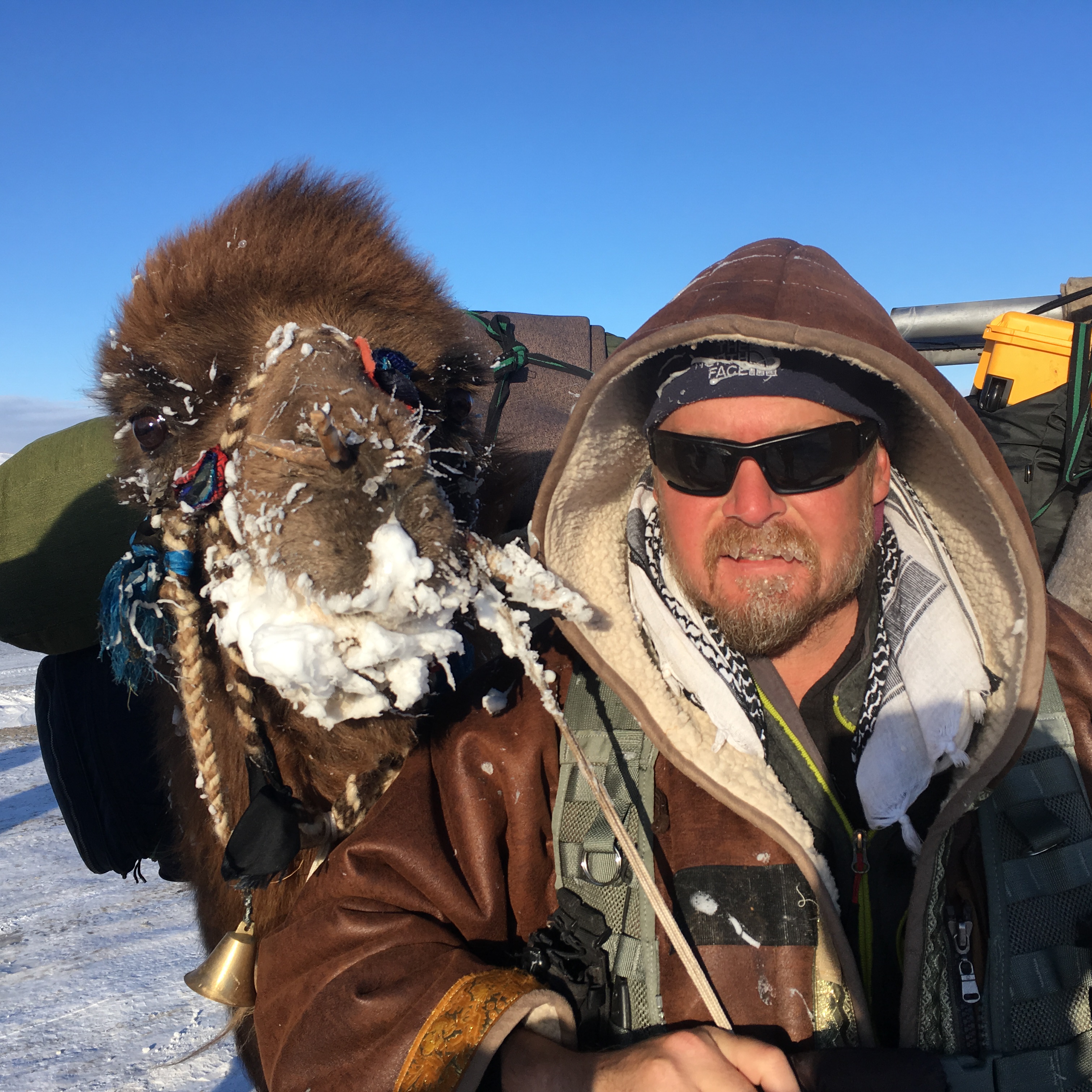 Karl with a frost-covered camel in the snowy Mongolian steppe, 2017